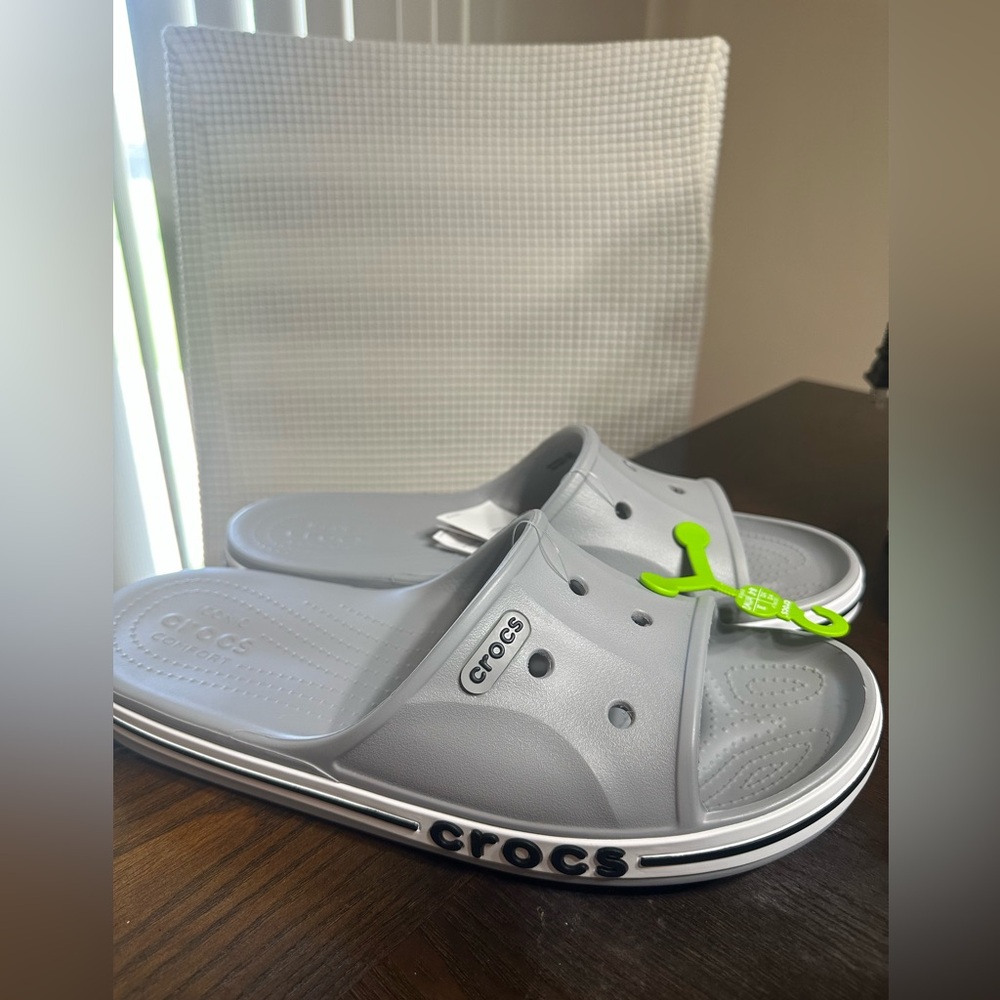 CROCS Men’s ' Light Gray Slide Sandals with Black Trim